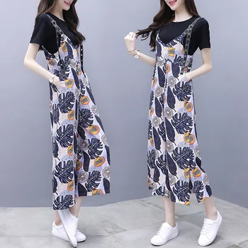 

2019 Women Summer 2 Pieces Sets Short Sleeve T-shirt+Floral Printed Chiffon Loose Jumpsuit Suits Casual Fashion Women 2 Pcs Sets