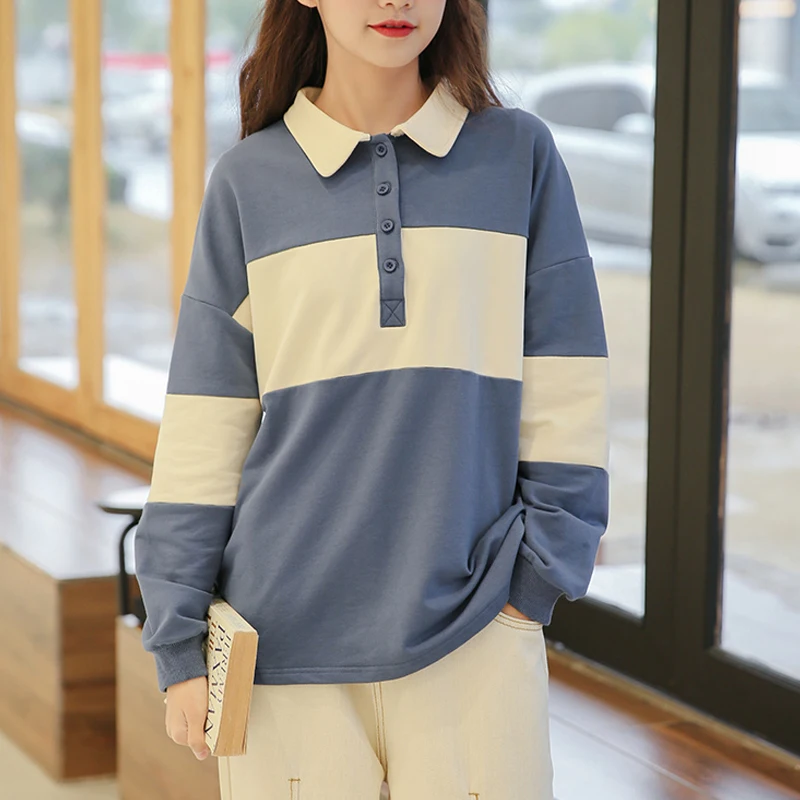 

Ins stitching contrast color loose Harajuku long-sleeved shirt 2019 new autumn soft sister shirt female Sweatshirt cute shirt