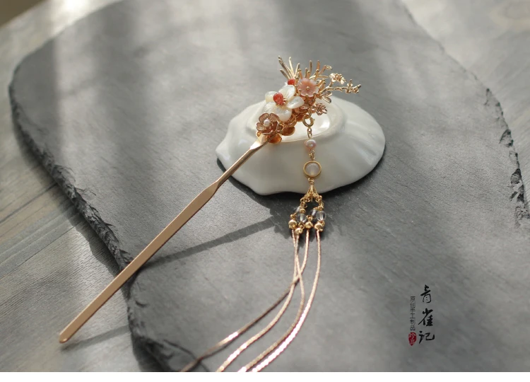 handmade gold shell flower bead tassel Hair pin sticks accessories Headwear do-up tools for hair bun for kimono hanfu COSPLAY