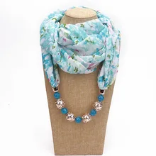 

Fashion Beading Pendant Print Chiffon Women Ring Scarf European American Multi-style Necklace Pendant Scarf Head Scarves Hijab