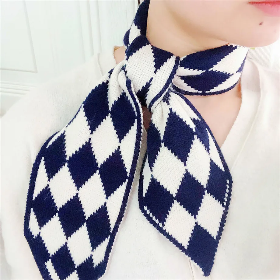 Геометрический клетчатый зимний шарф, брендовый вязаный шарф с острым углом, женский длинный обтягивающий маленький шарф, женский шейный платок, шарфы