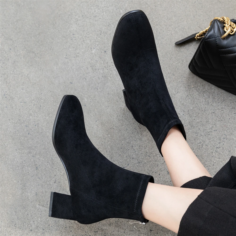 

Plus Size 34-43 Slim Stretch Ankle Boots for Women Square Toe Zip Sock Boots Square High Heel Boots Shoes Woman Fashion Feminina