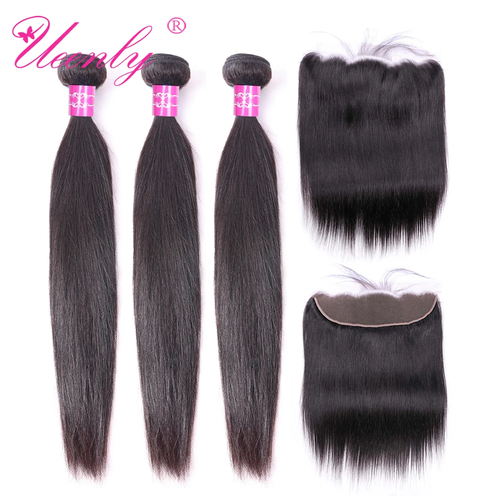 Прямые пучки волос UEENLY Remy с фронтальным натуральным цветом перуанские застежкой