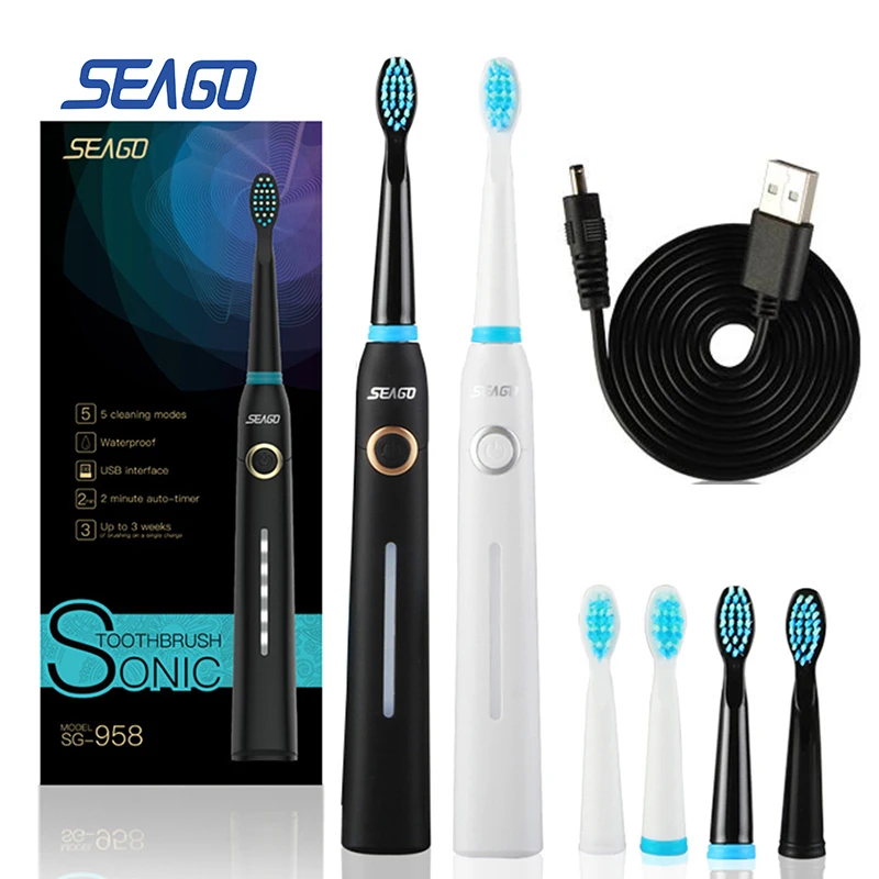 SEAGO SG-958, ультра звуковая электрическая зубная щетка, 5 режимов, 2 мин, умный таймер, водонепроницаемая, с 3 сменными головками, отбеливание зубов