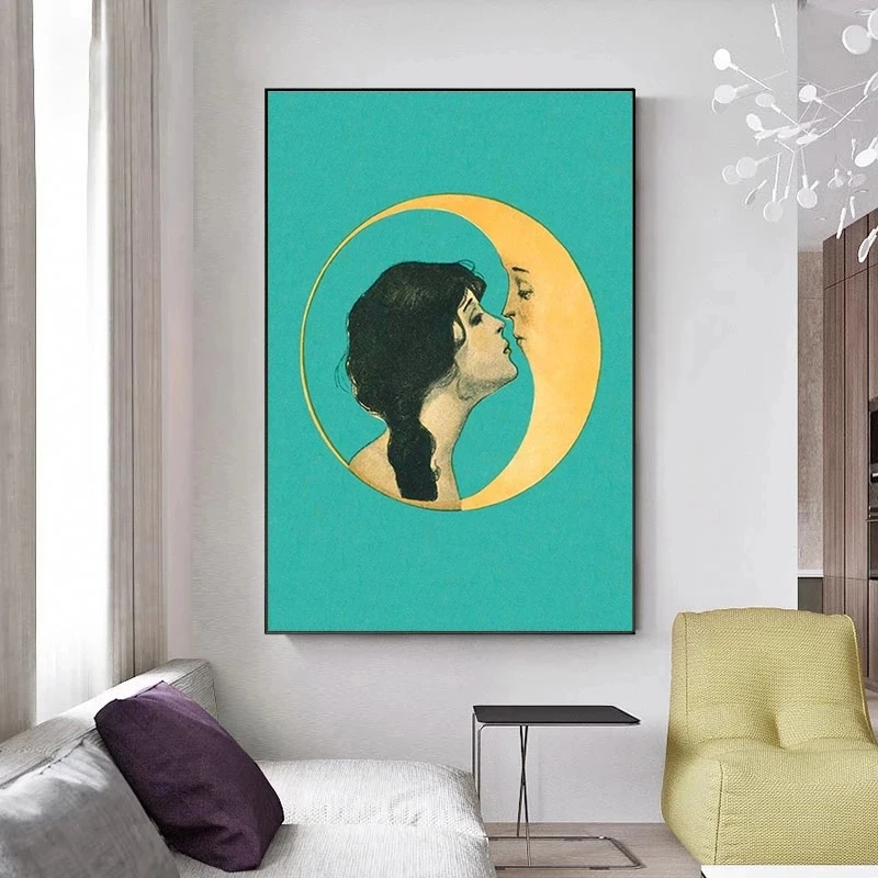 Vintage Girl Kissing Moon Canvas Painting Man In The Moon Antique Moon