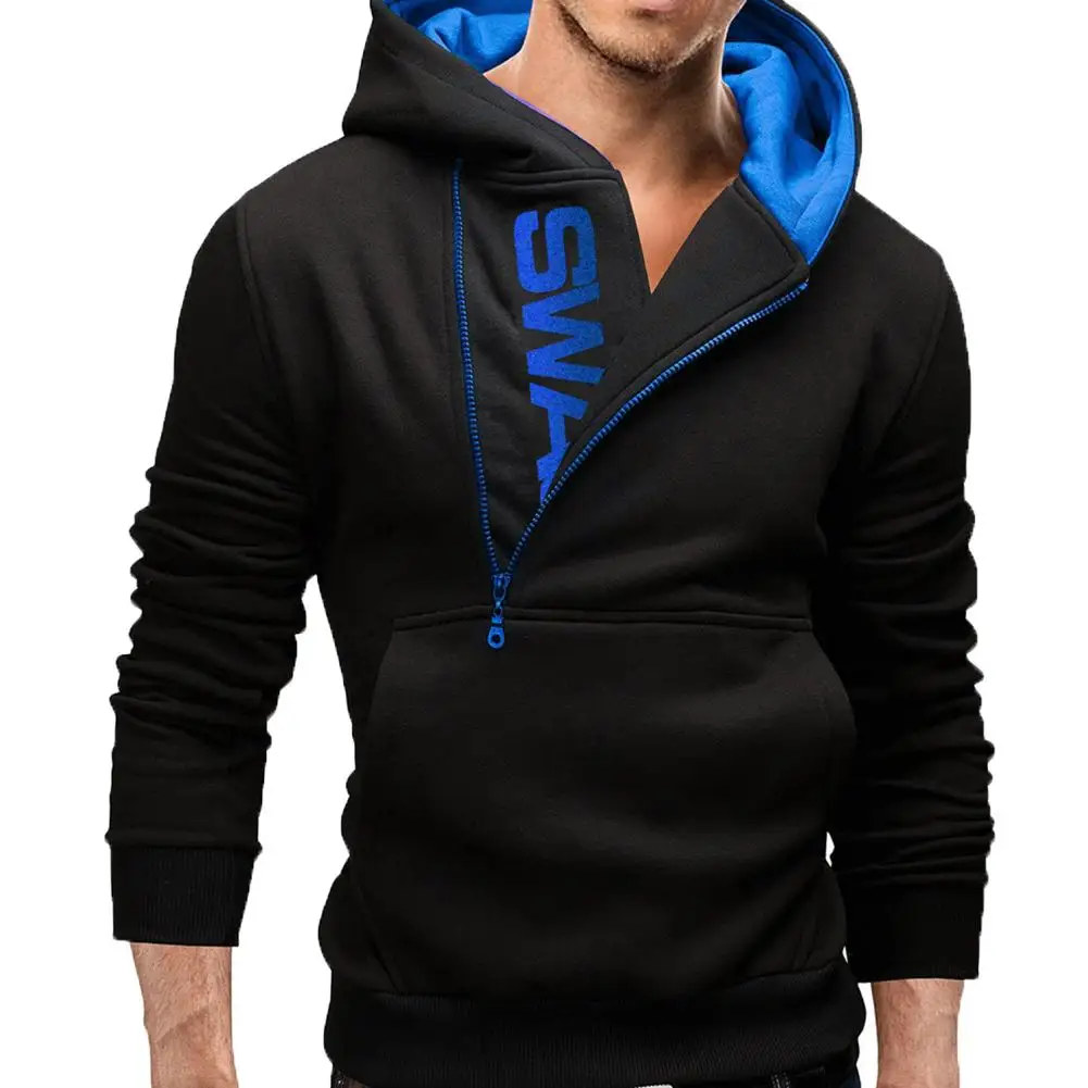 men's round neck sweaters 2021 New Fashion Men's Sports Hooded Sweatshirt Plus Size Slant Zipper Letter Hoodies Long Sleeve Casual Autumn Male Clothing commando sweater