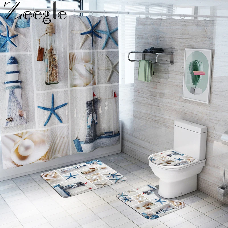 Zeegle Bathroom Carpet Shoewr Curtain Anti Slip Bath Mat Set Europe Waterproof Bathroom Curtain Bathroom Cover Toilet Seat Mat