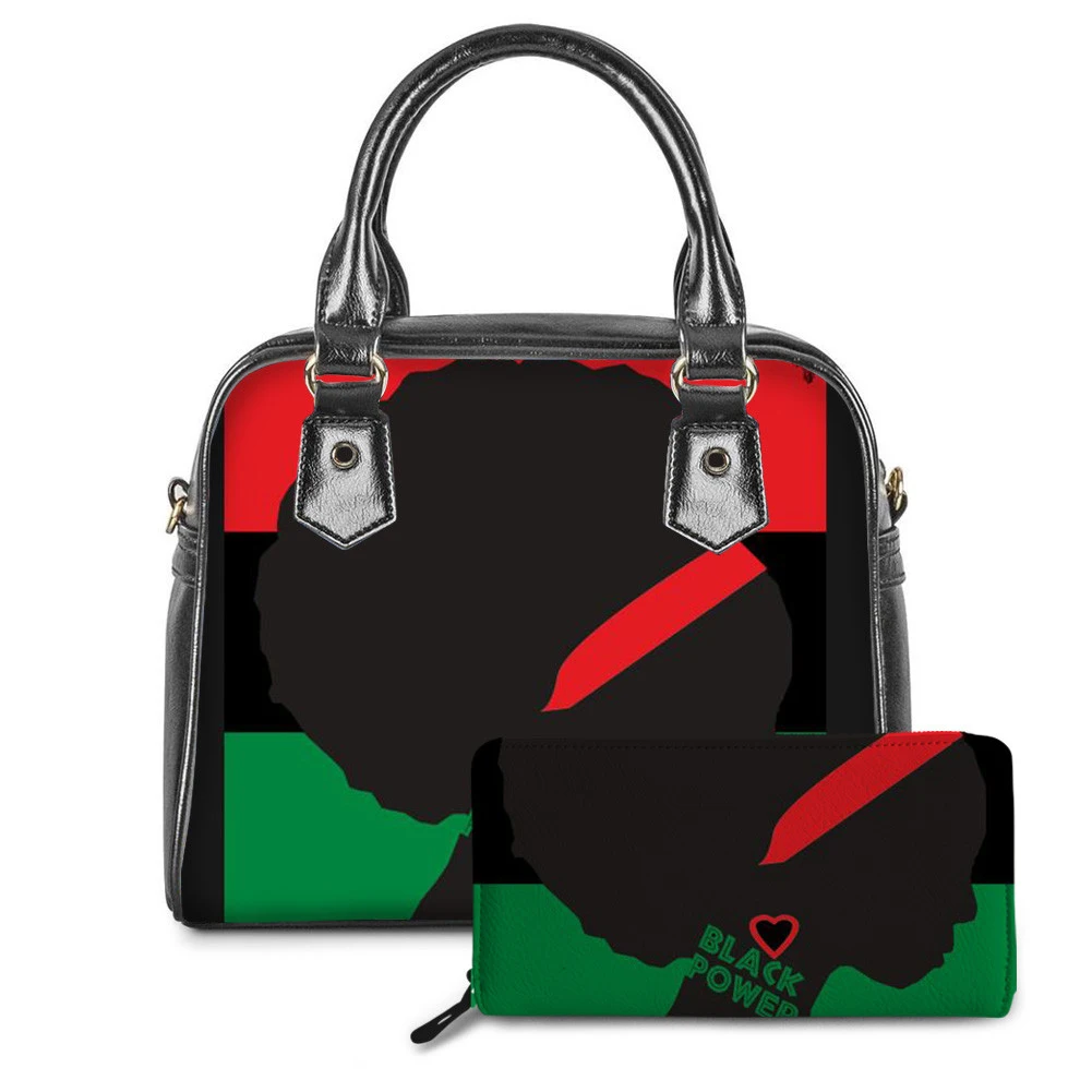 

WHEREISART Black Power Pattern Ladies Daily Shoulder/Messager/Crossbody Bag&Pure Sets African UNIA Flag Handbag Sac Main Femme
