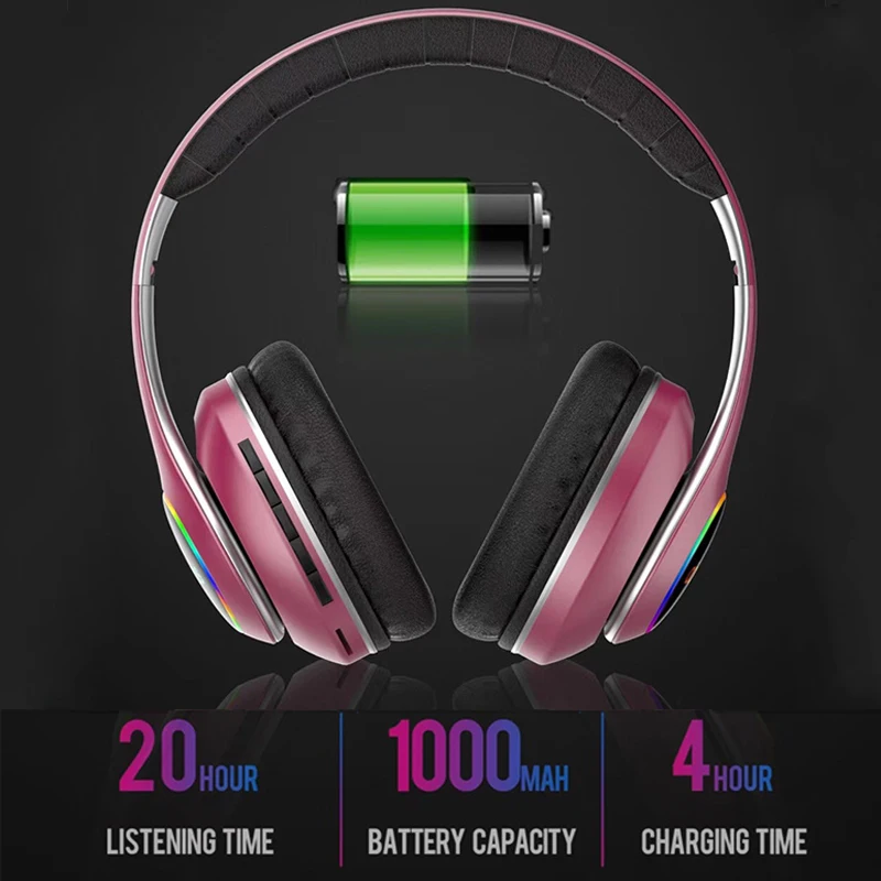 TWS 1000mAh Battery Wireless Earphone Foldable Bluetooth Headphone LED Light 3D Stereo Earbuds 6 Equalizer Modes Gaming Headset