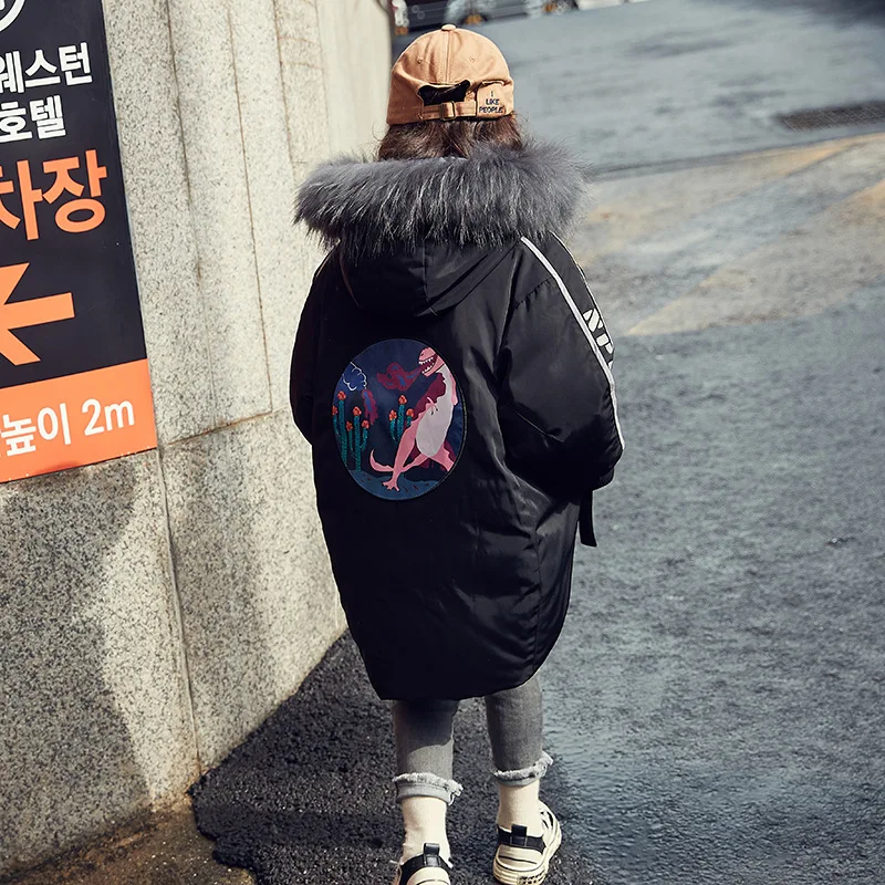 new girls down jacket long winter parkas with natural fur hoodies teen girls outerwear - Цвет: Черный