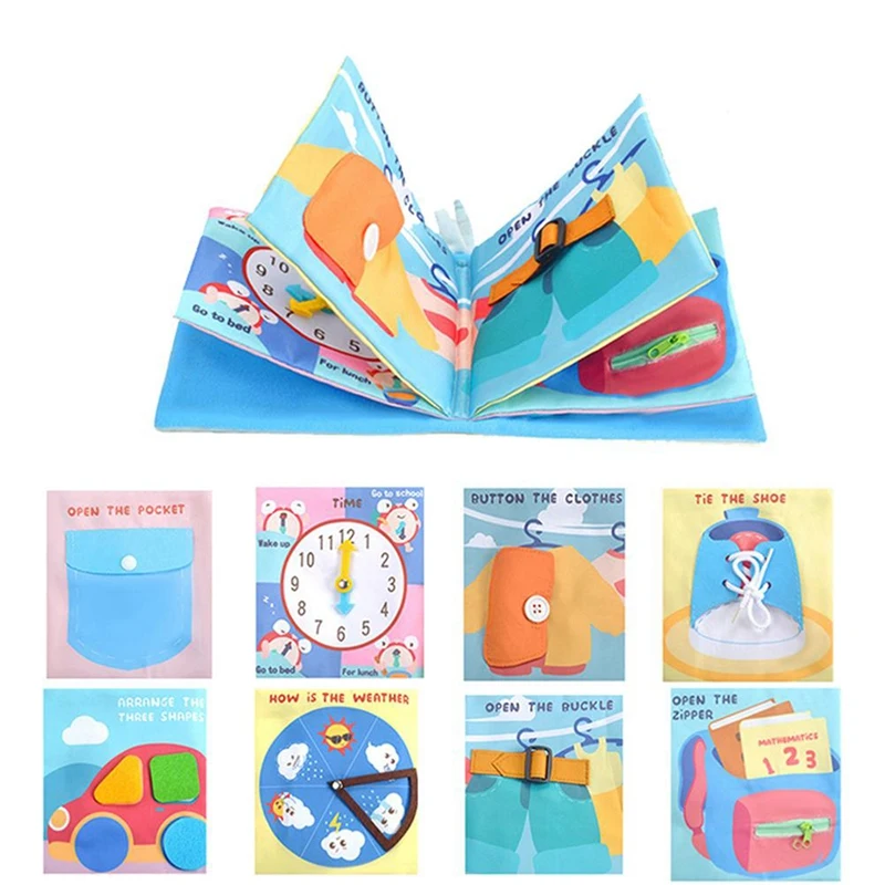 

Baby Toddler Cloth Book Multifunction Buttons & Shoelaces Wearing Clothes Cognitive Time Weather Cartoon Cloth Book