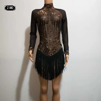 

Latin Rhinestone Tassel Long Sleeve Mesh Splice Ballet Gymnastics Leotard Women Figure Skating Dress Competition Dance Costumes