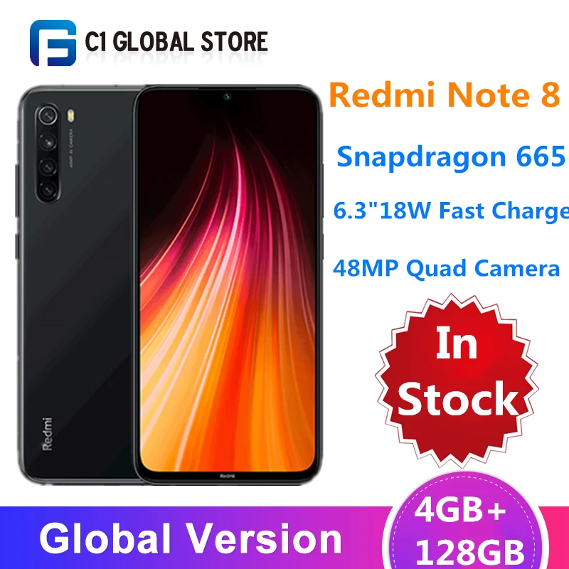 Смартфон Xiaomi Redmi Note 8 с глобальной версией, 4 Гб, 128 ГБ, Восьмиядерный процессор Snapdragon 665, 6,3 дюйма, FHD камера 48 МП, 4000 мА/ч, 18 Вт, быстрая зарядка