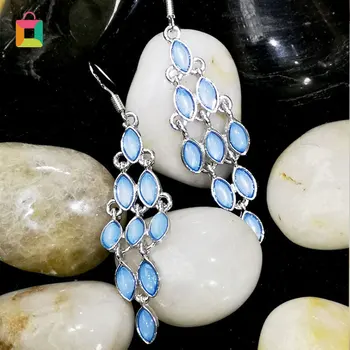 

1 pair of elegant moonstone long hook tassel light blue earrings pendant jewelry boho style for women Glittery