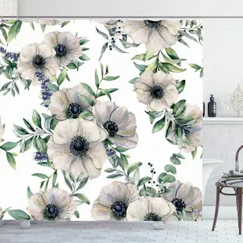 

Shower Curtain Set with Hooks for Bathroom 72x72 Textile Botanical Watercolor Seamless Pattern Growing Anemone Eucalyptus Color
