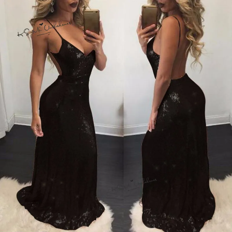Robe de Soiree недорогие черные вечерние платья с блестками цвета шампанского, Длинные вечерние платья с открытой спиной, платья для выпускного вечера для женщин от кутюр