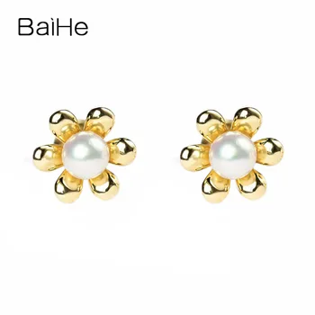 

BAIHE Solid 14K Yellow Gold 4-4.5mm Natural Freshwater Pearl Wedding Trendy Fine Jewelry pearl flowers Stud Earrings for Women