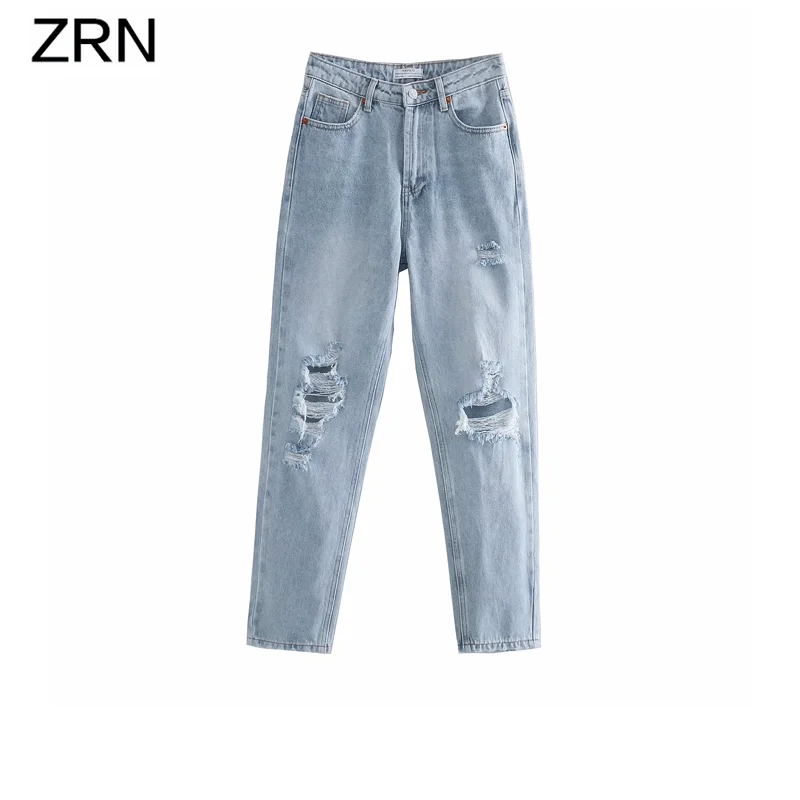 ZRN Women 2020 Fashion Ripped Hole Boyfriend Jeans Vintage High Waist Zipper Pockets Chic Denim Pants Female Ankle Trousers | Женская