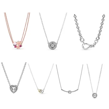 

Pink Peach Flower 925 Sterling Silver Interlocked Hearts And Angel Wings Crystal Necklace For Women Party Wedding Jewelry