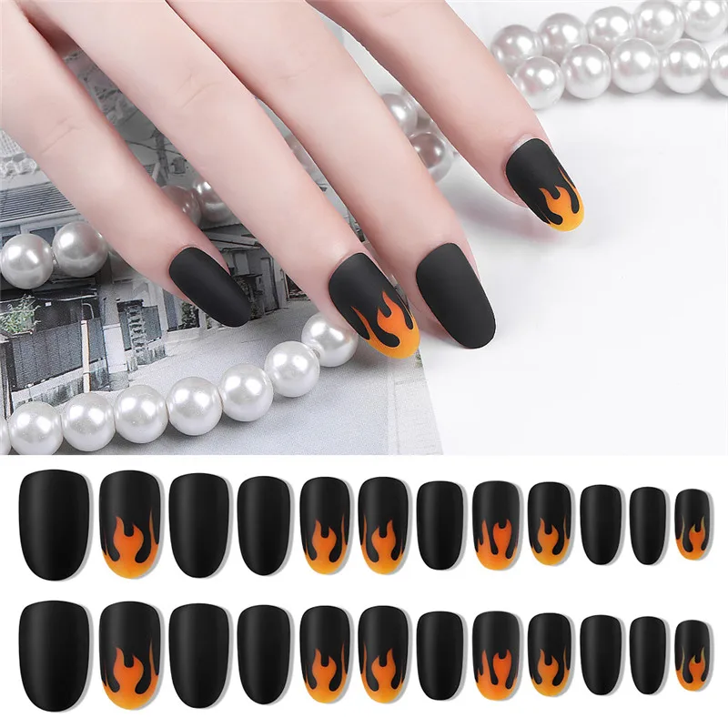 

24pcs/Lot Fire Design Full Cover Matte Fake Nails ABS Artificial Tips Nail Art Decorations Women Makeup Nail Extension Manicure