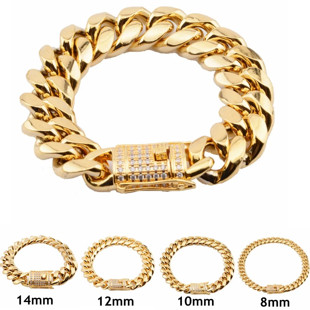 

8/10/12/16/18mm Cuban Chain Bracelet Stainless Steel Encryption Micro-Set Hip Hop Rapper Bracelet Link Jewelry for Men Women