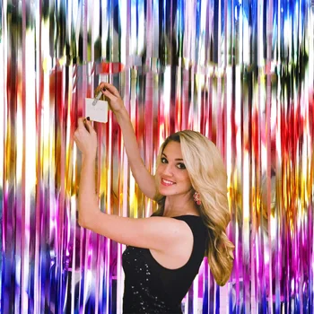 

2M/3M Rainbow Metallic Foil Tinsel Fringe Curtain Door Wedding Decoration Birthday Party Backdrop Background Photo Props Unicorn