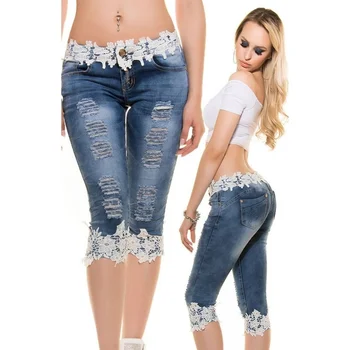 

Women's Skinny Lace Crochet Hollow Out Denim Jeans Pants Slim Trousers