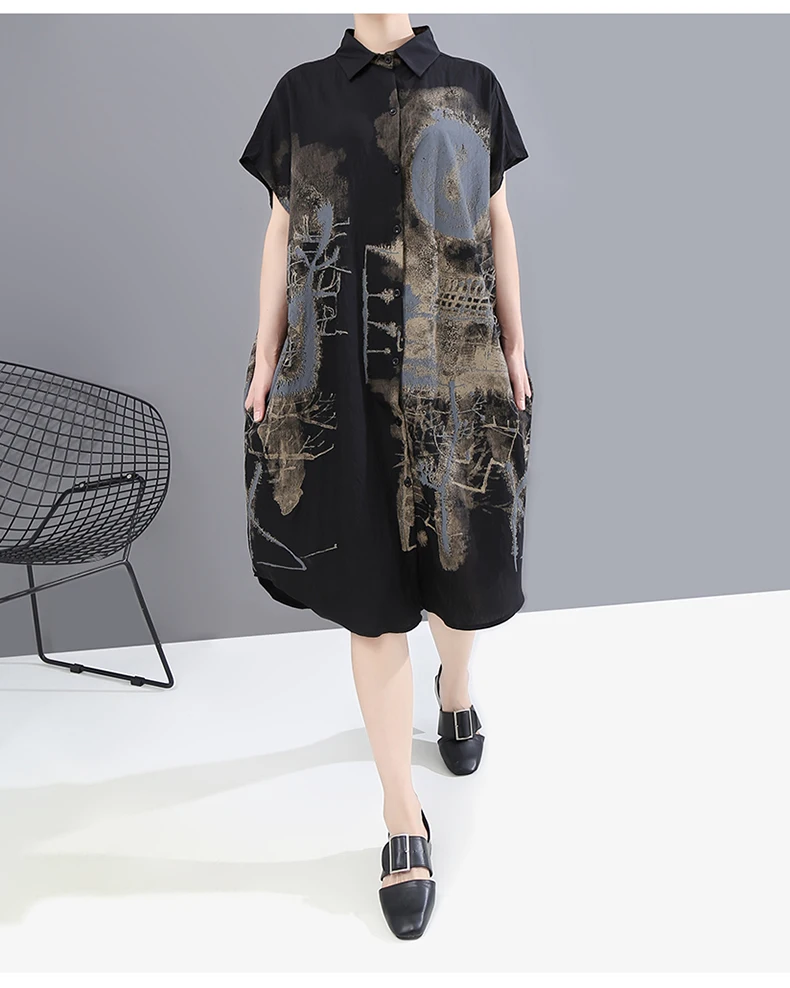New Fashion Painted Style Black Vintage Shirt Dress