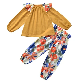 

2019 Autumn Baby Girls Long Sleeve Ruffles Blouse Tops + Floral Print Casual Trousers Kids 2Pcs Suits Infant Clothing Sets