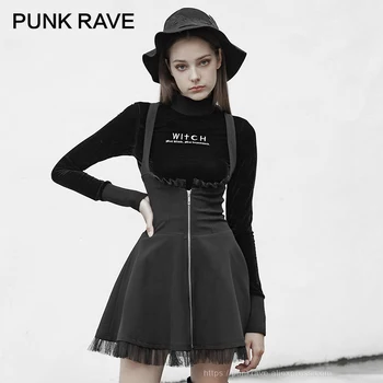 

PUNK RAVE Women's Belted Skirt Lace Decoration Double Gauze Sling Zipper Short Sleeveless Sexy Casual High Waist Skirt
