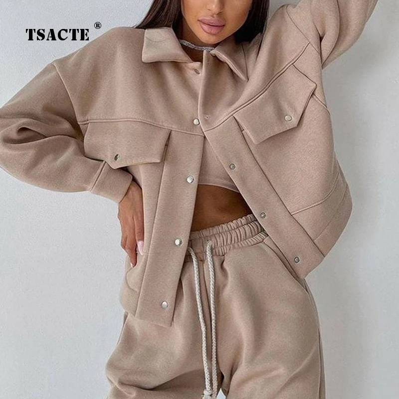 

Winter Solid Fleece Jacket Casual Trousers Sets Long Sleeve Coat Sweater Sports Pants Two-Piece Suits Spring New Women's Clothes
