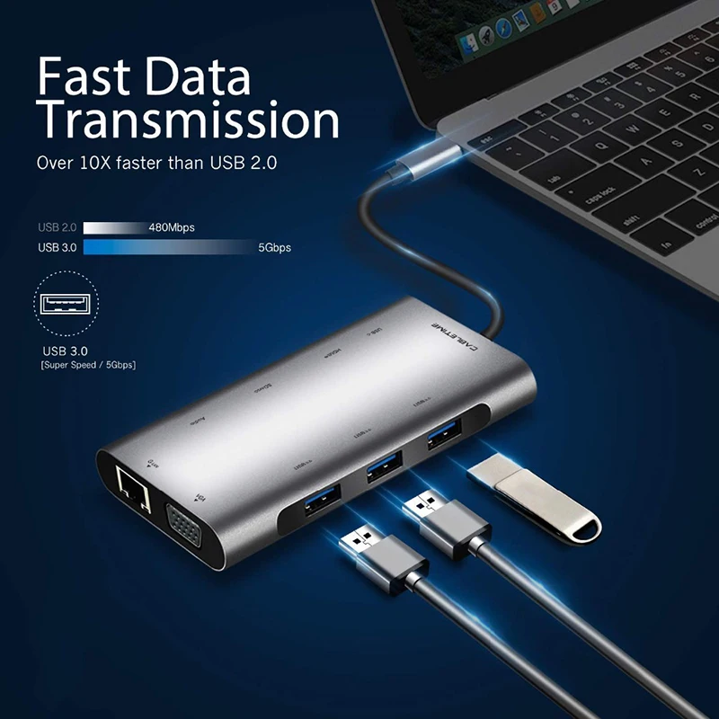  CABLETIME USB C HUB HDMI RJ45 USB3.0 Adapter 10 in 1 Type C HUB VGA SD Card Reader Type C Power Del