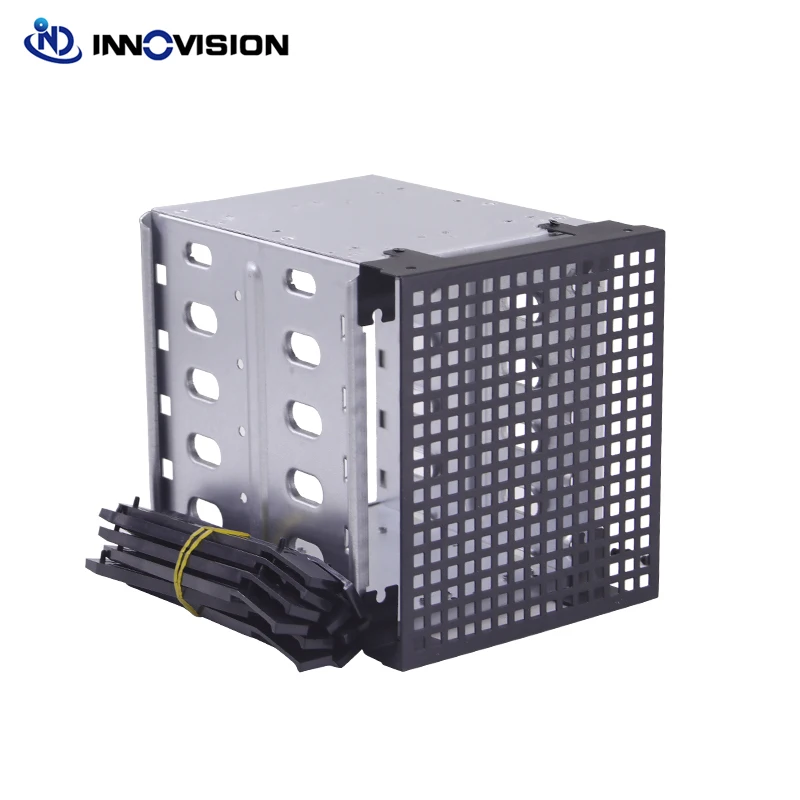 New HDD Hard Driver Tray Rack with Fan Space Hard Drive Cage Adapter Rack Bracket Stainless Steel Cage 5.25" to 5x 3.5"