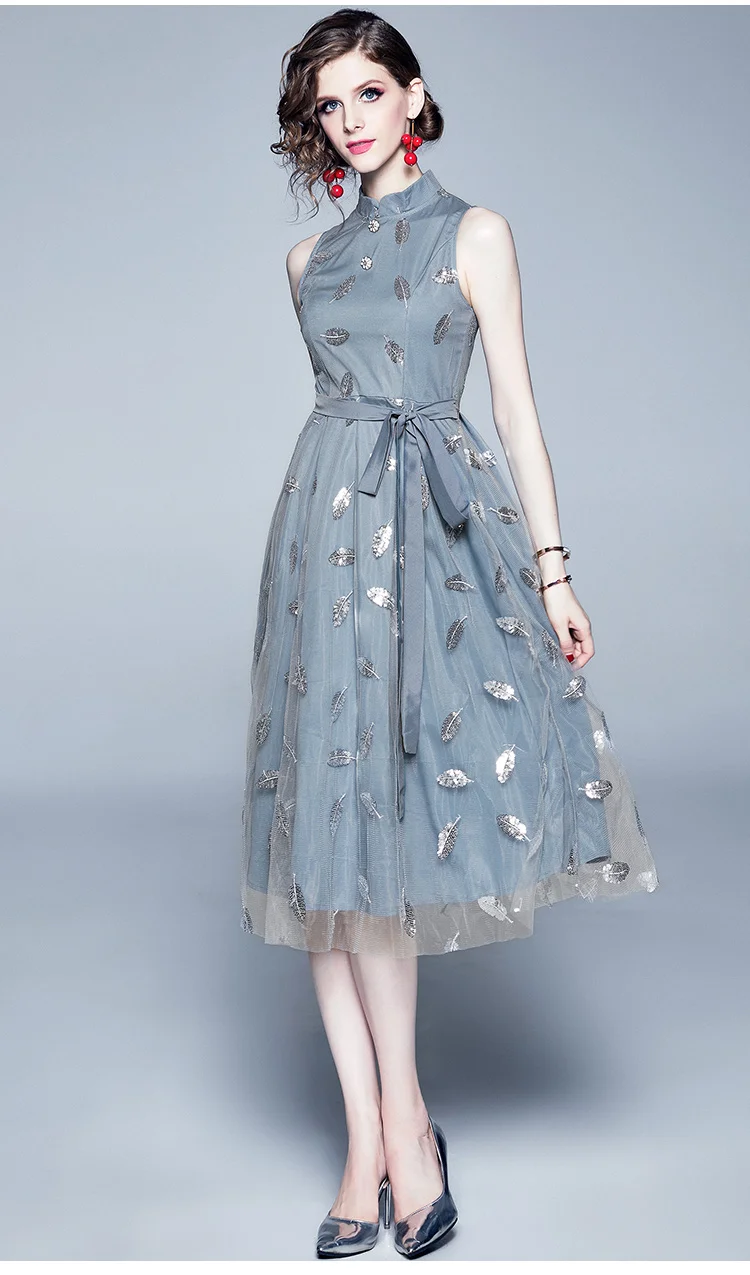 Vintage Woman Embroidered Mid Dress Sleeveless Female Slim A-line Dress for Woman Mendiran Style Female Party Dress