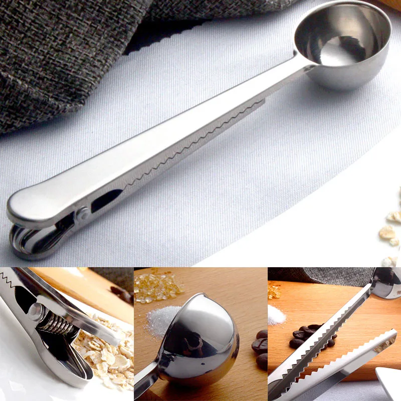 

1PC Stainless Steel Spoon With Bag Clip Ground With Portable Bag Seal Clip powder Measuring tools Tea Coffee Scoop