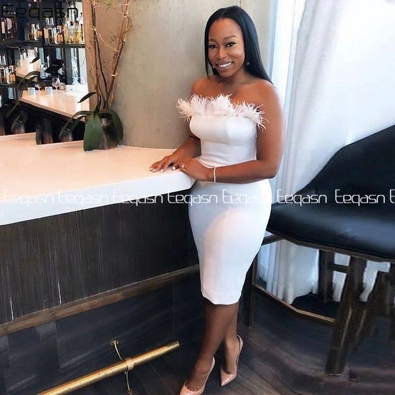 

Eeqasn Sexy White Knee Length Cocktail Dress with Feathers Sheath Back Open Satin Dresses Woman Party Night robe de