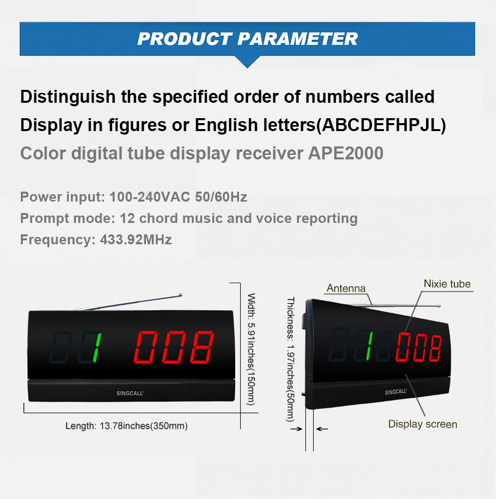 SINGCALL Wireless Paging System,Service Calling System,Calling Number Display Receiver to Show Sequence of Call Numbers APE2000