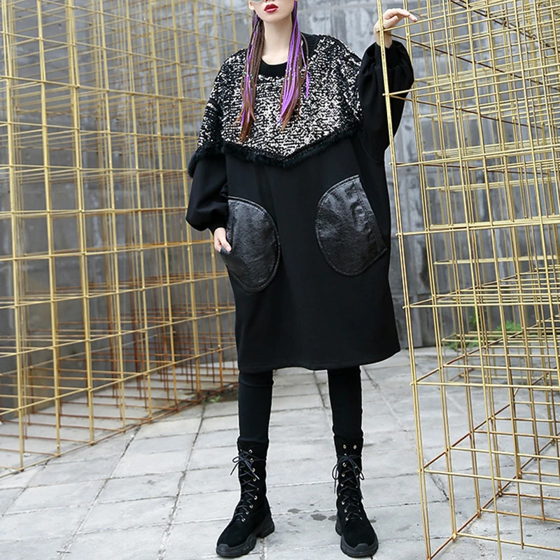 

New Fashion 2019 Autumn Winter Contrast Color O-neck Long Sleeve Pockets Sequin Stitching Large Size Coat Sweatshirt Woman N538