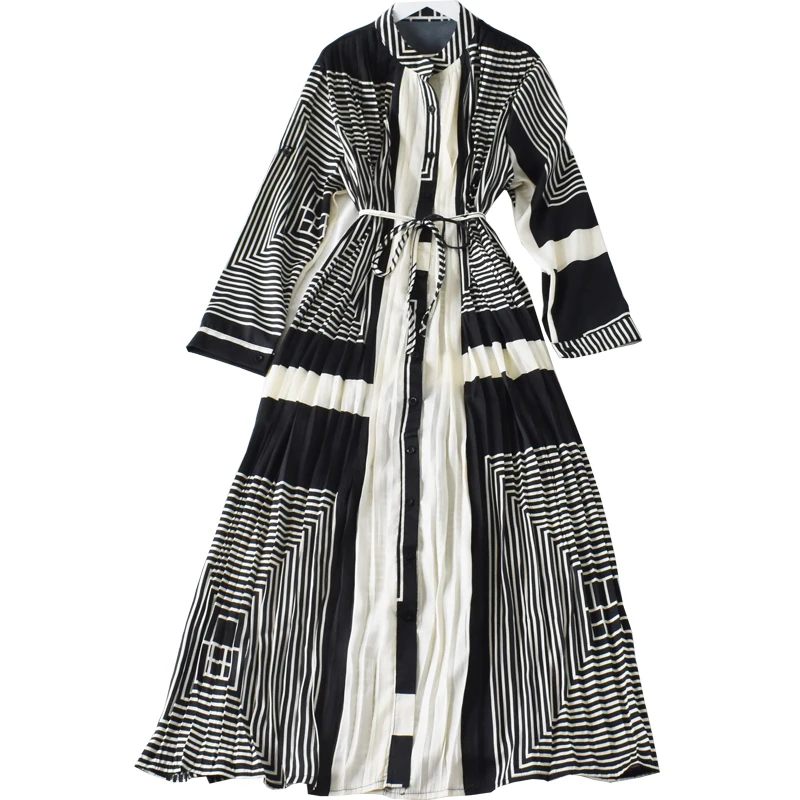 

2020 Spring Ladies Long Dress Pleated Printed Stripes Long Sleeves Drawstring Long Dress Urban Women Dress Single Breasted Dress