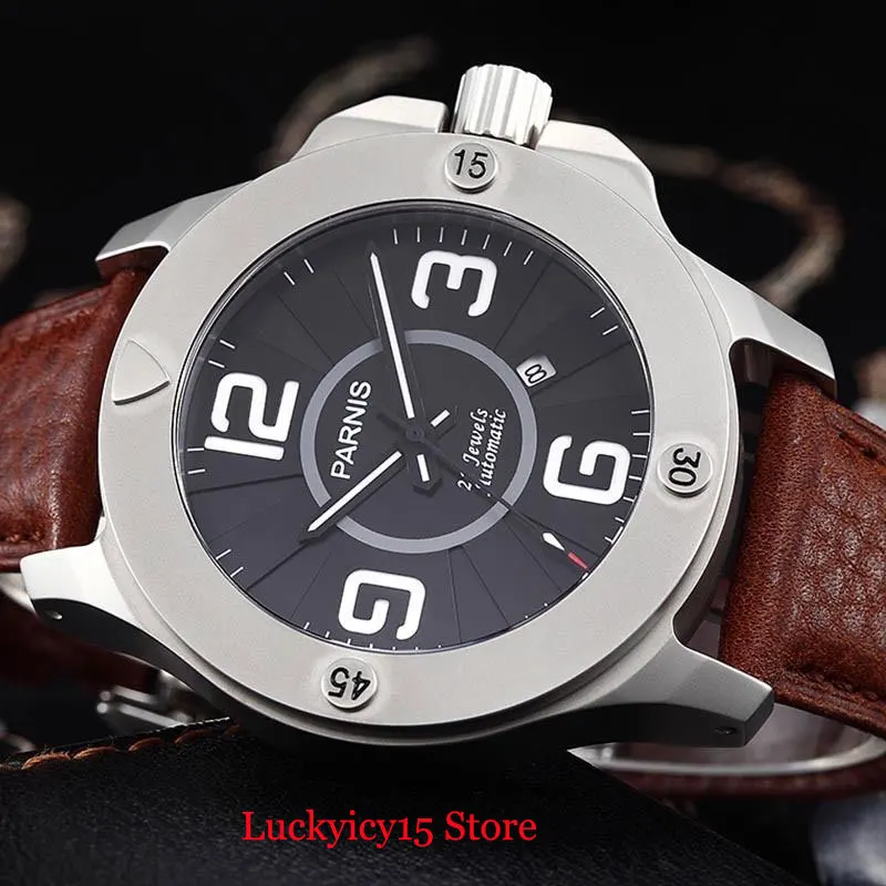 2 Model Dress Round Stainless Steel Men's Watch 47mm Case Sapphire Glass Auto Date Sapphire Crystal Leather Strap Luminous Marks