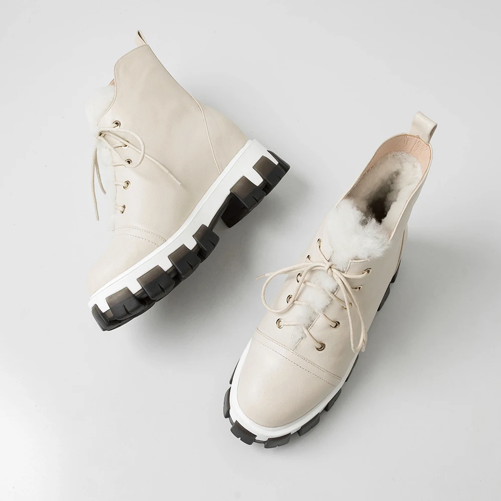 

Plus Size 34-43 Genuine Leather Winter Boots Women Round Toe Lace Up Ankle Boots Keep Warm Sheep Wool Snow Boots Martin Shoes