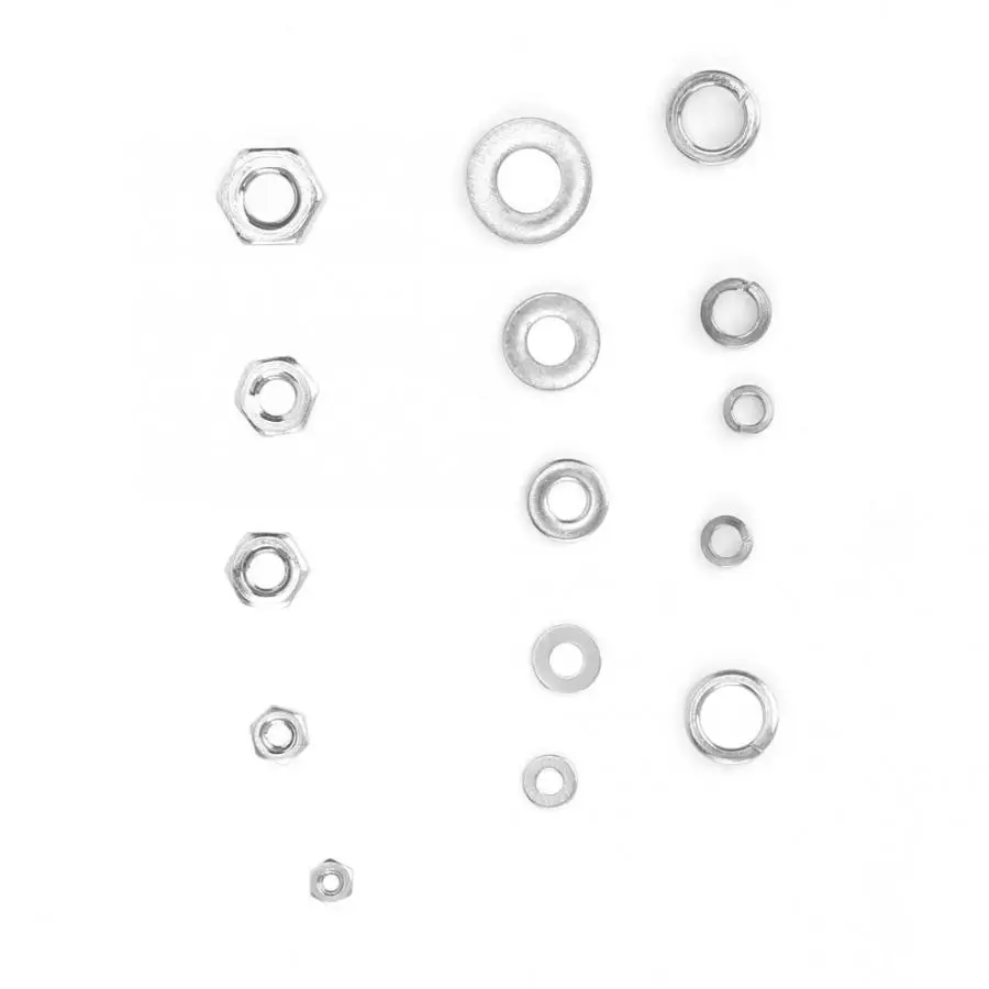

750PCS Stainless Washer Set Flat Washer + Elastic Washer + Nut Set Stainless Steel Hardware Lock Tools M1.6-M4 High Quality