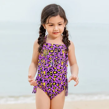 

Tassels Halter Children One Piece Swimsuit Girls Kids Bathing Suit Leopard Swimwear Dress Swimming Suit Blue And Purple Color