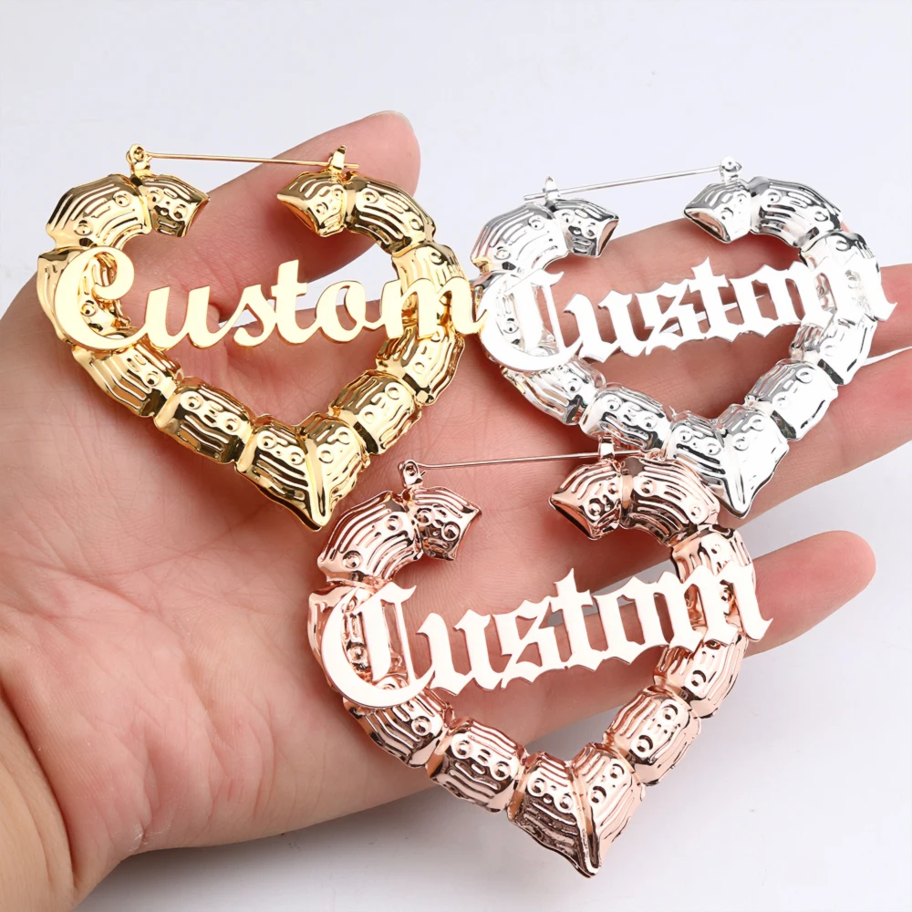 

Lateefah 70mm Custom Earrings Love shape Hiphop Sexy Bamboo Hoop Earrings Customizable Customize Name Earrings Bamboo Style