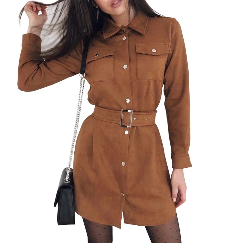 TAOVK Autumn Woman Solid Color Single Breasted Turn Down Collar Long Sleeve Suede Dress with Belt TAOVK Autumn Woman Solid Color Single Breasted Turn Down Collar Long Sleeve Suede Dress with Belt
