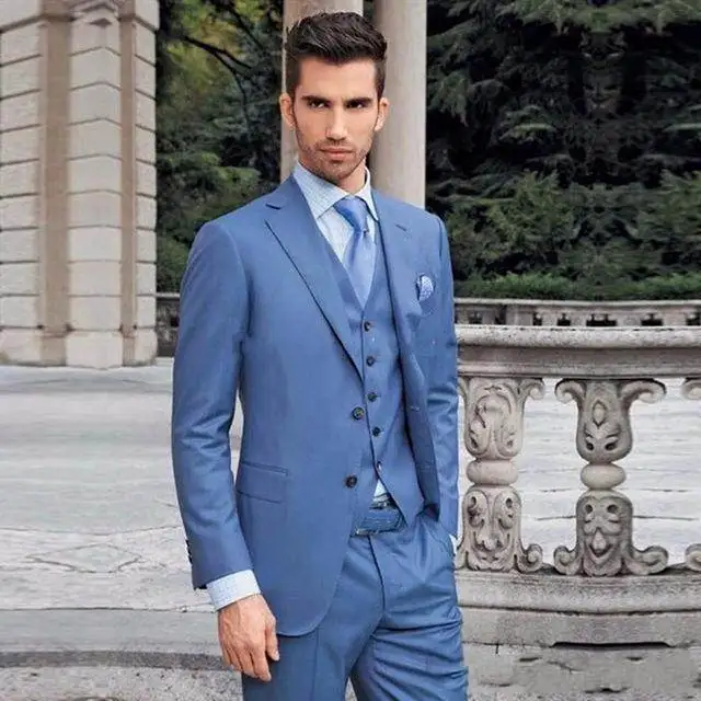 

Slim Fit Sky Blue Groom Tuxedos Notch Lapel Groomsman Wedding Tuxedos Fashion Men Prom Jacket Blazer 3 Pieces Suit