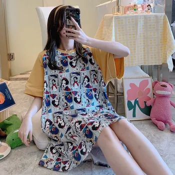 

2020 Summer New pajamas ladies short-sleeved cotton jumpsuit nightdress girl cute cotton loose can go out wearing home clothes