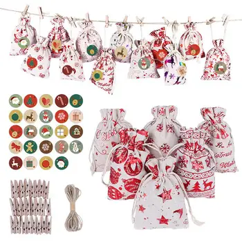 

Behogar 24pcs DIY Christmas Sack Drawstring Pouch Bags with 24 Days Calendar Countdown Stickers Tags for Xmas Goodies Party Gift