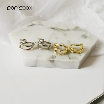 Peri'sBox 13mm*11mm Gold 3 Row Circle Hoop Earrings C Shaped Earrings Triple Open Hoops Minimalist Hoop Earrings Simple Jewelry