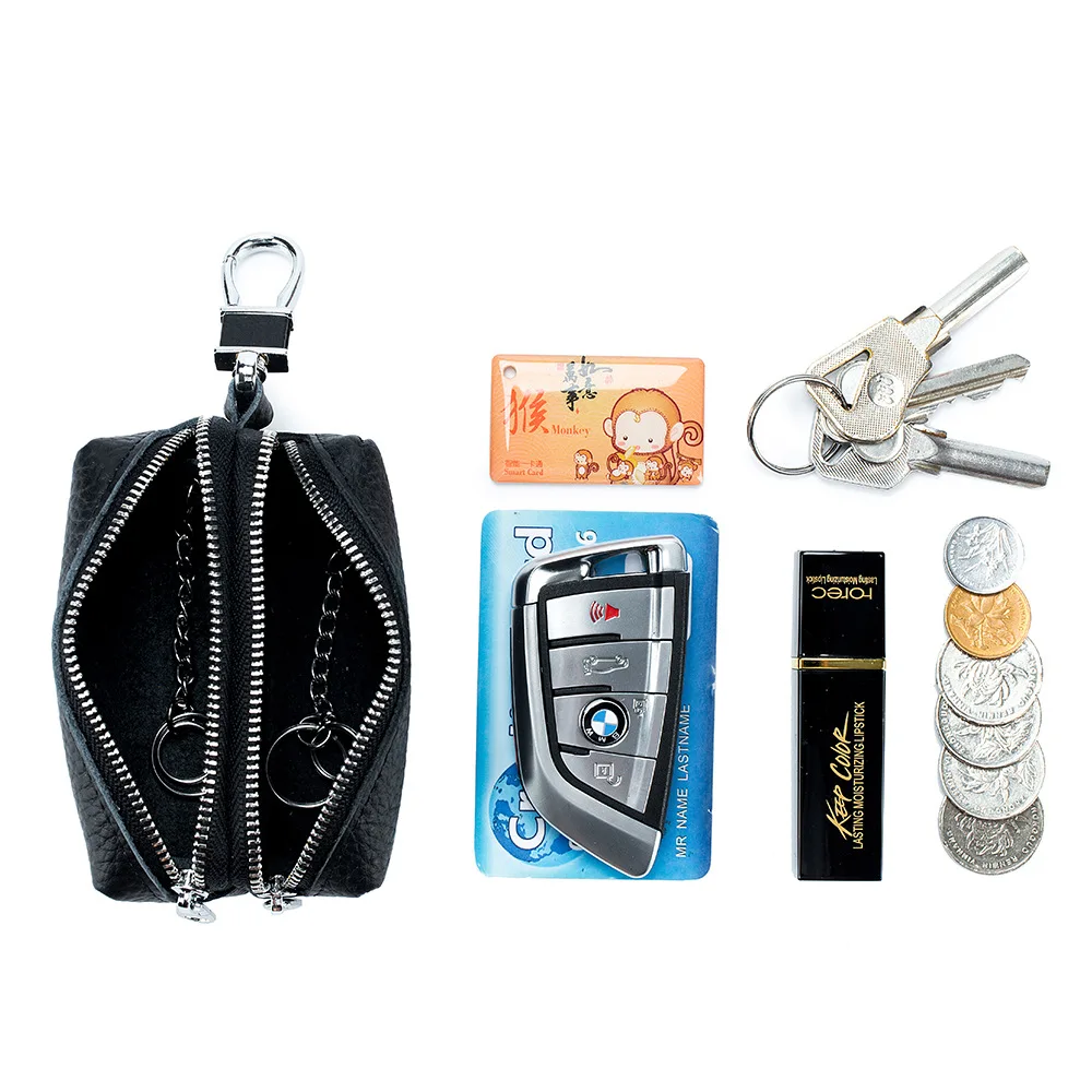 Made of Genuine Leather Car Key Wallets Fashion Key Holder Housekeeper Keys Organizer Double Zipper Keychain Case Key Coin Pouch